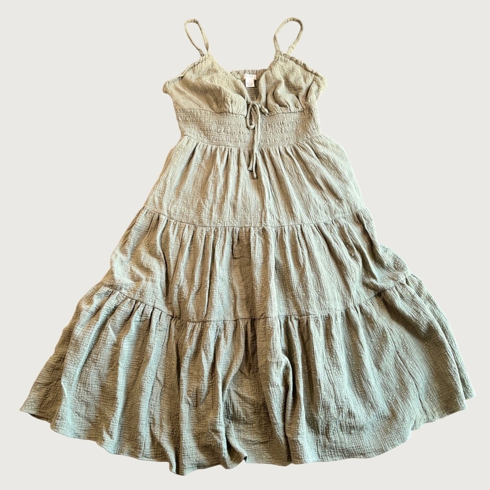Festi Women Dress 2XL Green Cotton Tiered Smocked Maxi Boho Tie Front Pockets